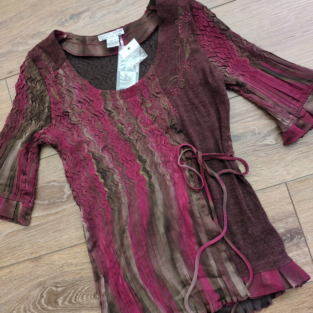 Alberto Makali Crinkle Top Blouse Bead Red Textured Mixed Media Tie Whimsigoth M